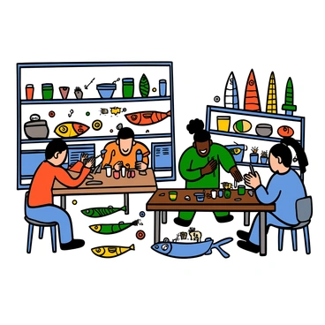 An inside view of a lure factory. Workers are focused at different workstations where they are painting and assembling various fishing lures. There are several tables covered with tools, paint pots, and partially assembled lures. One worker, with light skin and short black hair, is carefully painting a shiny yellow lure with a brush. Another worker, with dark skin and long hair tied back, is assembling a multicolored lure, attaching hooks to it. The factory has shelves lined with completed lures in different shapes and colors, contributing to a vibrant atmosphere filled with creativity and craftsmanship.