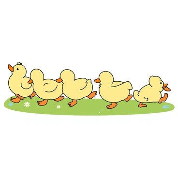A group of five cartoon ducklings, each with fluffy yellow feathers, are waddling in a straight line. The first duckling has a big smile and its wings slightly open, while the second duckling is looking back at the third one with a curious expression. The third duckling is tilting its head, quacking loudly, and the fourth duckling appears slightly shy, with its wings tucked close to its body. The fifth duckling, bringing up the rear, is playfully splashing a small puddle with its webbed feet. They are set against a bright green grassy background with a few daisies scattered around.
