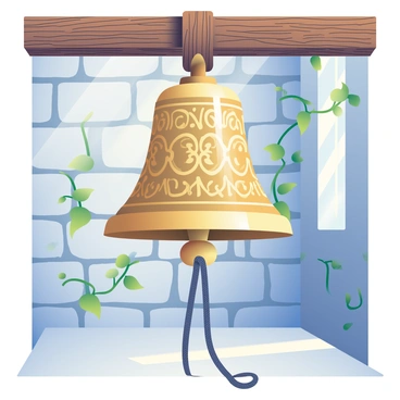 A large, ornate bell is hanging from a wooden beam in a church tower. The bell has intricate designs carved into its surface, reflecting light with a polished metallic sheen. The tower's stone walls are weathered and marked by time, with vines creeping along the edges. Sunlight is filtering through a nearby window, casting soft shadows on the floor below. A set of thick ropes is attached to the bell, poised as if ready for someone to pull them and signal the chime.