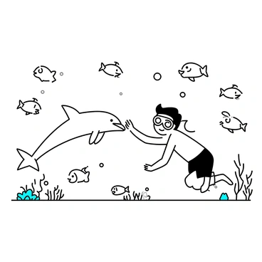 A child wearing a swim mask and fins is swimming in an underwater scene. The child is smiling and reaching out to touch a dolphin that is playfully circling around. Several dolphins are nearby, displaying friendly expressions. Colorful fish of various shapes and sizes are swimming through the water, creating a lively atmosphere. The underwater landscape includes vibrant coral formations and sea plants swaying gently in the current. Bubbles are rising to the surface, adding to the sense of movement in the water.