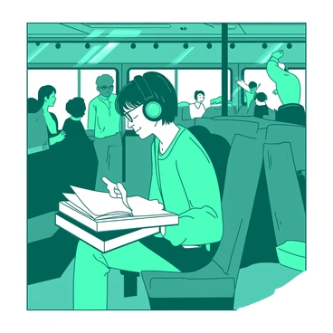 A teal student is sitting on a bus seat, balancing a thick white textbook on their lap. The student is wearing headphones, with focused eyes fixed on the pages of the book. The bus interior is filled with various passengers, who are standing and sitting, creating a bustling atmosphere. Some passengers are holding onto the overhead rail, while others are absorbed in their own activities. The sunlight filters through the bus windows, casting soft shadows on the floor.