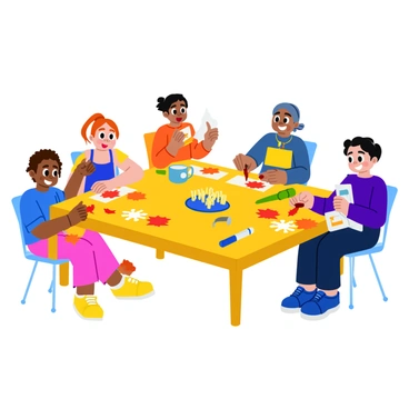 A group of children sitting around a large table, engaged in crafting various seasonal art projects. One child is cutting out colorful autumn leaves from bright orange and red paper, while another child is gluing shimmering white snowflakes made of glittery paper. On the table, there are assorted art supplies including markers, scissors, and glue sticks scattered around. The children are smiling, and their artworks are displayed proudly in front of them, showcasing a vibrant mix of fall and winter themes.