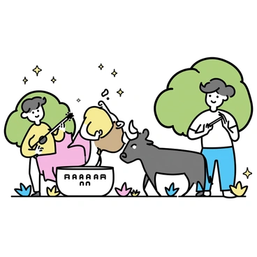 A group of three musicians is gathered in a vibrant outdoor setting. One musician is playing a large drum, while another is strumming a lute. The third musician is using a flute, creating a harmonious sound. In the foreground, a gentle bull named Nandi is standing, with its ears perked up and a relaxed expression, clearly enjoying the melody. Surrounding them are lush green trees and colorful flowers, enhancing the lively atmosphere of the scene.