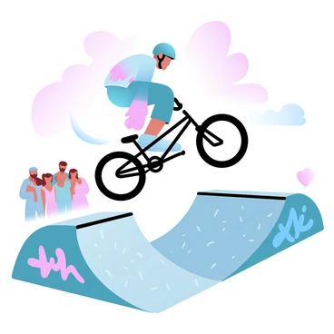 A BMX rider with a helmet is in mid-air executing a trick above a half-pipe in a skatepark. The rider is wearing a brightly colored jersey and protective gear, showcasing a dynamic pose with the bike tilted sideways. Below, the textured surface of the half-pipe is visible, surrounded by vibrant graffiti on the concrete walls of the skatepark. A group of onlookers can be seen in the background, captivated by the stunt, while the sky above is filled with gradient pastel colors transitioning from pink to blue.