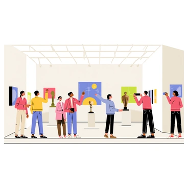 An art exhibition hall with white walls and sleek wooden flooring. Various colorful paintings are hung in frames throughout the space, showcasing different styles and subjects. In the center of the room, there are several sculptures made of bronze and marble, each displayed on pedestals. A group of visitors, consisting of men and women of diverse backgrounds, are standing and pointing at a large abstract painting. Some visitors are taking pictures while others are discussing the artworks with enthusiasm. Natural light streams through large windows, illuminating the scene.