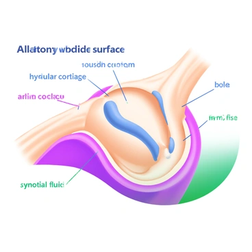 A detailed illustration showing a cross-section view of an articular surface in a joint. The image highlights "hyaline cartilage" with a smooth, translucent appearance, covering the ends of the bones. The bones are depicted with a solid structure, showing their texture and contours. Surrounding the joint, there are labels indicating key components, such as "bone", "articular cartilage", and "synovial fluid". The colors are soft and pastel-themed, enhancing the clarity and focus on the joint's anatomy.