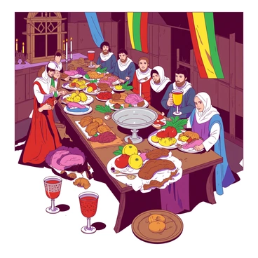 A vibrant medieval feast scene is set in a grand banquet hall adorned with colorful banners. A long wooden table is covered with an abundance of food, including roasted meats, fresh fruits, and loaves of bread. A prominent silver fourchette glimmers in the center of the table, surrounded by ornate goblets filled with red and yellow beverages. Flickering candlelight casts dancing shadows across the scene, while guests in medieval attire enjoy the lavish spread, creating an atmosphere of celebration and merriment.