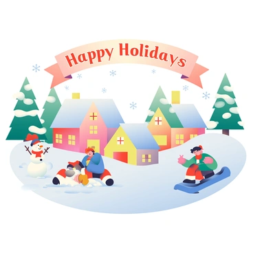 A snowy winter scene features a small village with cozy houses covered in white snow. In the foreground, a group of children are building a snowman with a carrot nose and a red scarf. Nearby, another child is sliding down a snowy hill on a bright blue sled. Evergreen trees dusted with snow frame the background, and delicate snowflakes are gently falling from the sky. A banner across the top of the scene reads "Happy Holidays" in festive lettering.