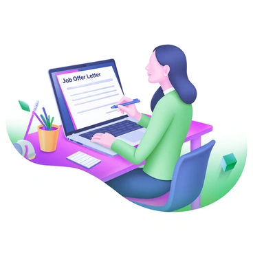 A recruiter drafting a job offer letter with a pen and a laptop open on the desk.