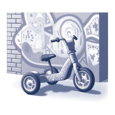 A tricycle parked against a wall covered in graffiti. The tricycle has a unique design, featuring intricate patterns and bold shapes that suggest a vibrant street art style. The wall behind it displays an array of graffiti artwork, with various images and text layered over each other, reflecting urban culture. The scene is set in an alley, with bricks visible in the wall, adding texture to the environment. The tricycle's wheels are positioned firmly on the ground, and the handlebars are turned slightly to one side.
