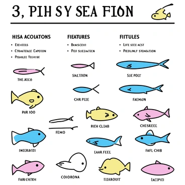 An illustrated guide featuring various species of sea fish. The guide includes a vibrant display of colorful fish, each depicted in a minimalistic style. Each species is labeled with its name in clear, bold text. Characteristics such as size, color patterns, and distinctive features are presented alongside each fish illustration, arranged in an organized manner for easy reference. The background is kept simple to highlight the fish and their details.