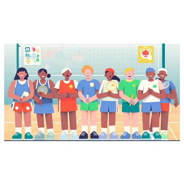 Excited young players lined up for a junior badminton league match in a gym