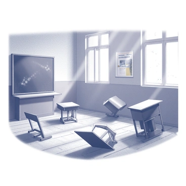 A classroom with several overturned wooden desks scattered across the floor. The chairs are also knocked over, creating a disordered scene. A chalkboard at the front of the room is covered in a layer of dust, with remnants of chalk markings barely visible. Sunlight streams through a cracked window, casting shadows on the dusty wooden floor. The walls are lined with faded educational posters, some peeling at the edges. Dust particles float in the air, adding to the atmosphere of abandonment.