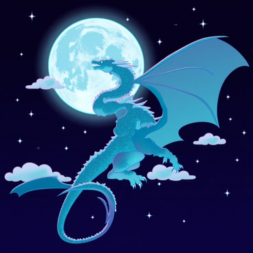A majestic dragon with iridescent scales in shades of deep blue and shimmering silver is soaring across a dark, star-studded sky. Its large, outstretched wings reflect the moonlight, creating a glowing outline against the backdrop of the full moon, which is bright and detailed, casting a soft luminescence. The dragon's fierce eyes are focused ahead, and wisps of clouds drift around its body, enhancing its dynamic flight posture. The scene encapsulates the power and grace of this mythical creature as it navigates the night sky.
