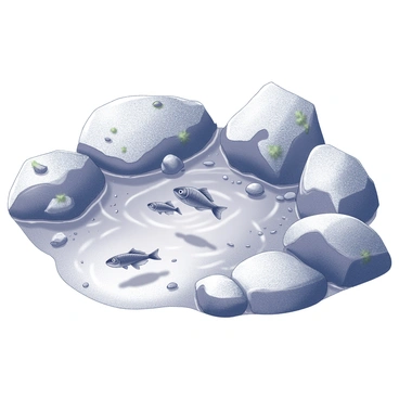 A group of small fish swimming rapidly among various rocks in a tidal pool. The fish exhibit streamlined bodies as they maneuver through the water, reflecting ripples created by their movement. The tidal pool is surrounded by rugged stones, some covered in barnacles and small patches of seaweed. The water is clear, allowing visibility of the sandy bottom, where tiny pebbles and shells are scattered.