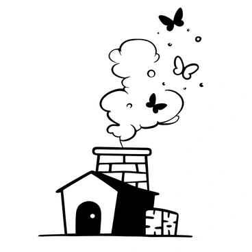 A chimney with puffs of smoke billowing out of it, while several butterflies emerge from the smoke, rising into the air. The butterflies vary in size and are positioned at different heights as they flutter away. The chimney is made of brick, and the surrounding area includes a portion of a house with a rooftop visible. There are small swirls and trails in the smoke that enhance the sense of movement and transformation.
