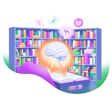 A dreamy illustration of the amygdala helping to file away memories in a giant library of the brain.