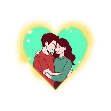 A golden heart-shaped aura surrounds a couple embracing in the center of the image. The couple is positioned closely together, with their arms wrapped around each other. Their expressions convey love and warmth. The background is a soft gradient of teal, enhancing the golden light of the aura. The aura radiates softly, creating a glowing effect that draws attention to the couple. Their clothing is casual and cozy, adding to the intimate atmosphere of the scene.