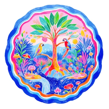 A mandala is circular in shape with intricate patterns and designs. In the center of the mandala, there is a depiction of a large tree with broad green leaves, symbolizing the heart of the rainforest. Surrounding the tree are various animals, including a colorful parrot perched on a branch, a playful monkey swinging from the limbs, and a slithering snake coiled around the trunk. Different layers of the mandala include diverse plants, such as ferns, orchids, and vines, which are intricately woven into the patterns. Small flowers and mushrooms are scattered throughout, adding vibrant colors. The outer edges of the mandala are framed with waves to represent water sources like rivers and waterfalls, highlighting the lushness of the ecosystem.