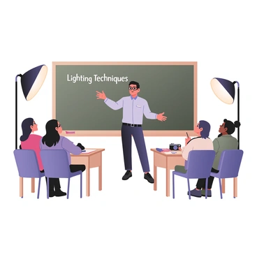 A digital flat illustration depicting a classroom setting for a lecture on lighting techniques. The front of the room features a large blackboard with the words "Lighting Techniques" written in white chalk. In the center of the illustration, a male instructor with medium skin, wearing glasses, a light blue shirt, and dark pants, gestures towards the blackboard. Various light sources are displayed around the room, including a softbox light in the top left corner, a spotlight on a stand to the right, and a table lamp with a warm glow on a desk at the front. Several students of diverse appearances are seated at desks, attentively listening. A few notebooks and a camera are visible on the desks, emphasizing the learning environment.