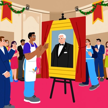 An artist is unveiling a large, ornate portrait of a dignitary at an inauguration event. The portrait features a distinguished figure dressed in formal attire, with a proud expression on their face. The artist, wearing a paint-splattered apron, stands beside the portrait, pulling away a rich crimson velvet curtain. The background is filled with elegantly dressed guests, some clapping and others taking photographs. Bright lights illuminate the scene, highlighting the details of the portrait and the excitement of the event. Decorative banners and floral arrangements adorn the area, adding to the celebratory atmosphere.
