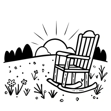A rocking chair positioned prominently in the center of the image, with intricate wooden details visible. The chair is facing a horizon where the sun is rising, casting beams of light. The meadow is covered in dewdrops that glisten across the grass, creating a textured landscape. Silhouettes of distant trees can be seen against the brightening sky. A few wildflowers are scattered throughout the meadow, enhancing the natural setting.
