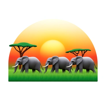 A herd of elephants walking in a line across the open savanna. The elephants are large with wrinkled gray skin and long tusks. The sun is setting in the background, casting a golden hue over the landscape. The grass of the savanna is tall and green, swaying gently in the breeze. A few acacia trees are scattered in the background, silhouetted against the vibrant sunset sky.