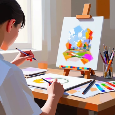 A digital sketch of a landscape scene is being transferred onto a 1/8 board. The artist, focused and concentrated, gently traces the lines of the sketch with a pencil. Next to this action, a 1/4 board is prominently displayed, holding the finished piece. The finished artwork features vibrant colors and intricate details, showcasing a serene natural environment. The two boards are placed on a wooden table, with art tools scattered around, creating a workspace atmosphere.