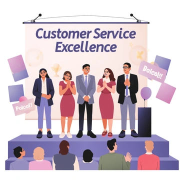 A digital flat illustration featuring a stage with a large banner that reads "Customer Service Excellence" in bold letters. On the stage, a group of four bank employees is standing together, smiling proudly. The first employee on the left is a woman with light skin and shoulder-length brown hair, wearing a navy blue blazer and a white blouse. Next to her is a man with medium skin and short black hair, dressed in a gray suit with a light blue tie. The third employee is a woman with dark skin and curly hair, wearing a red dress, holding a trophy high above her head. The last employee, a man with light skin and glasses, is wearing a black suit with a blue shirt and is clapping his hands. The audience in front is visible, clapping and cheering, with banners that say "Congratulations!" and colorful balloons in the background.