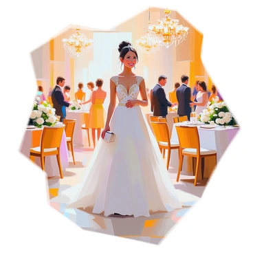A wedding guest wearing a white and gold A-line dress stands elegantly in a beautifully decorated venue. The dress features intricate gold detailing along the bodice and flows gracefully to the floor. The venue is adorned with floral arrangements, including white roses and greenery, placed on elegantly set tables. Soft lighting enhances the ambiance, with chandeliers hanging from the ceiling, casting a warm glow over the scene. The guest is smiling, holding a delicate clutch in one hand, while the background showcases guests mingling and enjoying the celebration.