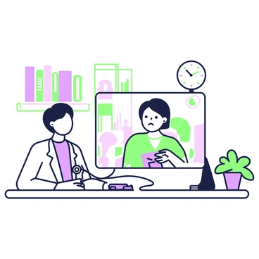 A doctor with short hair is sitting at a desk in a well-lit office, engaged in a video call with a patient. The doctor is wearing a white coat and has a stethoscope around their neck. On the desk, there is a laptop displaying the image of the patient, who is sitting comfortably at home in a cozy living room. The patient has a concerned expression and is holding a notepad with notes. In the background of the doctor's office, there are medical books on a shelf and a potted plant on the side. A clock on the wall shows the time.