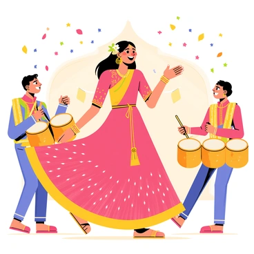 A modern Indian bride wearing a vibrant red and gold lehenga is dancing energetically with joy. Her hair is adorned with fresh jasmine flowers, and she wears intricate gold jewelry that sparkles as she moves. Surrounding her are three dhol players, dressed in traditional colorful attire, striking the drums with enthusiasm. Colorful confetti is falling from above, adding to the festive atmosphere of the wedding reception. The background features decorative lights and a beautifully adorned stage, enhancing the celebratory mood of the scene.