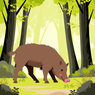 A wild boar with a shaggy brown coat is moving through an ancient forest filled with towering trees. The boar's snout is close to the ground, digging for roots among the fallen leaves. Tall, thick trunks of trees rise majestically around it, their green foliage forming a dense canopy overhead. Sunlight filters through the leaves, casting dappled shadows on the forest floor. Small ferns and moss cover the ground, adding texture and color to the scene. The atmosphere is filled with a sense of natural wilderness, as the boar navigates through this serene environment.