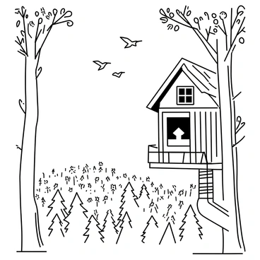 A treehouse made of wood is perched high among the branches of tall trees. The structure has a slanted roof and a small porch with a railing. Through the openings, a vast forest can be seen stretching out below, filled with dense foliage. Various types of trees populate the landscape, with their leaves creating a rich texture. In the distance, several birds are flying across the sky, their wings spread wide as they glide. The overall scene captures the serenity of nature from an elevated perspective.