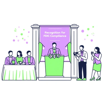 An award ceremony is taking place in a spacious hall. At the front, a large podium is adorned with flowers. Behind the podium, a banner reads “Recognition for FDIC Compliance” in prominent letters. On the left, a group of bank representatives is seated, dressed in formal business attire. They display expressions of pride and accomplishment. To the right, an audience is clapping, capturing the celebratory atmosphere. There are several awards on a table next to the podium, shining under bright lights. A photographer is positioned nearby, capturing the moment.