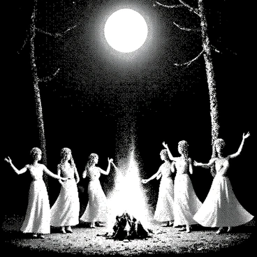 A group of dryads is gathered in a lush forest clearing, surrounded by tall, ancient trees. Each dryad has long, flowing hair that blends seamlessly with the leaves and branches of their surroundings. They are moving gracefully, their arms outstretched as they twirl and sway to an unheard rhythm. The bonfire in the center of the clearing flickers brightly, casting dancing shadows on their figures. The bright flames illuminate their delicate features, creating a contrast with the dark night. Above them, the full moon shines down, illuminating the scene with a soft glow. The ground is scattered with fallen leaves, enhancing the natural setting.