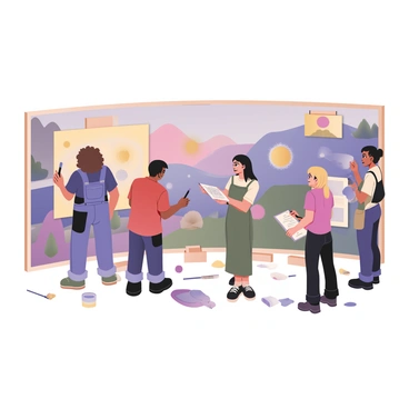 A large community space features a group of five illustrators working together on an expansive mural. One illustrator on the left has curly brown hair and is wearing a blue shirt and denim overalls. She is applying bright yellow paint to a section of the mural. The second illustrator, positioned in the center, has short black hair and is wearing a red t-shirt and cargo pants. He is sketching designs on a notepad while looking thoughtfully at the mural. The third illustrator, on the right, has long blonde hair tied in a ponytail and is dressed in a green dress. She is using a roller to apply a light blue paint. The fourth and fifth illustrators, both wearing casual shirts and aprons, are engaged in conversation while holding paintbrushes. The mural depicts vibrant scenes of nature, community, and unity with various colors blending together. Paint splatters and brushes are scattered across the floor, creating a lively atmosphere of creativity.