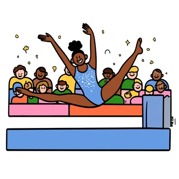 A light-skinned female gymnast with short curly black hair is performing an elegant leap during her floor exercise. She is wearing a vibrant blue leotard adorned with sparkly sequins that catch the light as she moves. Her body is arched gracefully in mid-air, with her arms extended upwards and legs beautifully positioned in a split. The gymnasium is filled with spectators, and a colorful mat is visible beneath her. The focus is on her dynamic pose, showcasing strength and athleticism.