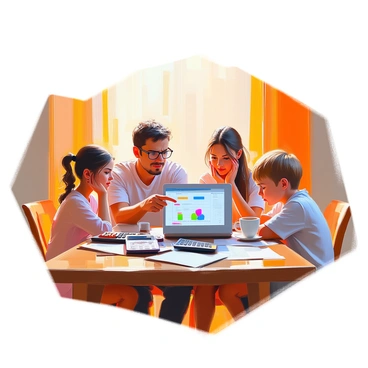 A family of four is gathered around a wooden dining table, each member looking at a laptop displaying a spreadsheet. The father, with short black hair and glasses, is frowning as he points to a section of the screen. The mother, with long brown hair tied back, has her hand on her cheek, displaying a worried expression. A teenage girl with curly hair is leaning forward, glancing nervously at the screen, while her younger brother, with short blond hair, looks up at his parents with wide eyes. The table is cluttered with papers, a calculator, and a cup of coffee. The room has warm lighting, creating an intimate atmosphere.