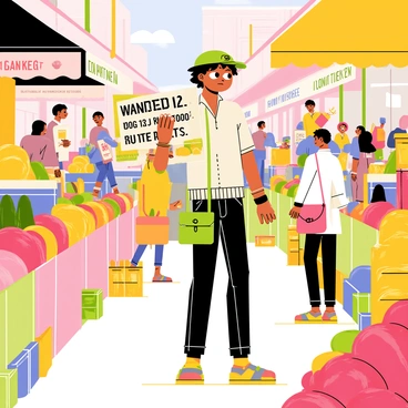 Zoro stands in a vibrant market scene filled with colorful stalls and people bustling about. He has a serious expression as he examines a "wanted poster" featuring a large bounty on it. Surrounding him are various fruits and vegetables displayed in neat piles, with merchants calling out to attract customers. In the background, there are shoppers carrying bags, and a street performer entertaining a small crowd. The atmosphere is lively, reflecting the energy of the marketplace.