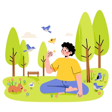 A child with curly hair wearing a bright yellow t-shirt is gently feeding birds in a park. The child is sitting on a grassy area, surrounded by tall green trees and colorful wildflowers. Various small birds, including sparrows and blue jays, are fluttering around, pecking at crumbs from the child's hand. In the background, there are a few squirrels playing on the ground and a wooden bench near the trees. The sky is clear with a few fluffy white clouds.