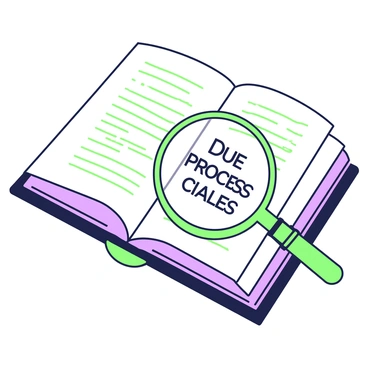 An open law book is displayed on a wooden desk with pages slightly turned. The pages contain text, and one of them features the "Due Process Clause" in bold lettering, clearly visible. A magnifying glass is positioned on top of this section, with the lens directly over the text to emphasize it. The handle of the magnifying glass rests on the edge of the book, and the light catches its glass surface, creating a small reflection. The surrounding area of the desk is uncluttered, providing a clear focus on the book and magnifying glass.