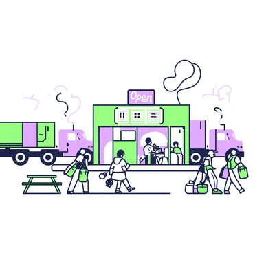 A busy truck stop scene is unfolding, featuring multiple trucks parked in designated areas. Each truck displays distinct features such as large wheels and cargo containers. In the foreground, there are several travelers interacting with one another, some carrying bags and others chatting animatedly. A classic diner stands in the center, with a bright "Open" sign in the window. The diner has a large outdoor menu board displayed prominently. Smoky wisps of steam can be seen rising from the kitchen area, suggesting hot meals being prepared inside. A few picnic tables are scattered nearby, where some travelers are seated enjoying their meals. The setting is bustling with energy and activity.