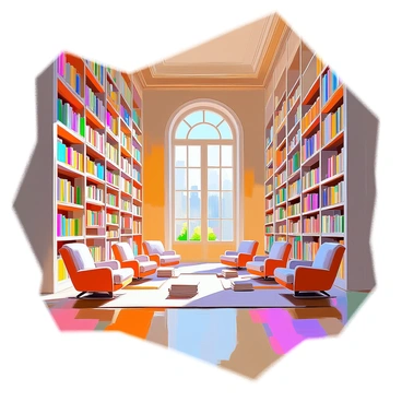 A grand library featuring towering bookshelves that stretch from the floor to the high ceiling. The shelves are filled with a vast array of colorful books, some stacked haphazardly while others are neatly aligned. The architectural details include ornate moldings along the ceiling and grand arches that frame the expansive room. Large windows let in streams of natural light, illuminating the rich wooden floors. Several comfortable reading chairs are scattered throughout the space, inviting visitors to explore the literary treasures surrounding them.
