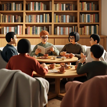 A cozy indoor setting with warm lighting featuring a group of people gathered around a wooden coffee table. There is a non-binary person with short, colorful hair wearing a patterned sweater and glasses, animatedly discussing their favorite novel. They are holding the book in one hand while gesturing with the other. The table is adorned with several cups of tea and snacks, and there are bookshelves filled with various novels in the background. The atmosphere is inviting, with comfortable seating and soft blankets draped over the chairs.