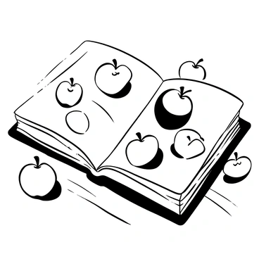 An open illustrated book with visible pages displaying detailed black-and-white drawings of apples in various shapes and sizes. Each apple is uniquely rendered with different textures and patterns. The book is resting on a wooden surface, and some apples are scattered around it, complementing the theme of the illustrations. There are subtle shadows cast by the apples and the book, adding depth to the scene.