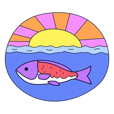 A colorful sunset with shades of orange, pink, and purple covering the sky. The sun is partially hidden behind the horizon, casting a warm glow over the water. Below the surface, a red snapper is swimming near the surface, its vibrant scales reflecting the colors of the sunset. Gentle waves ripple across the ocean, creating a sense of movement in the water.