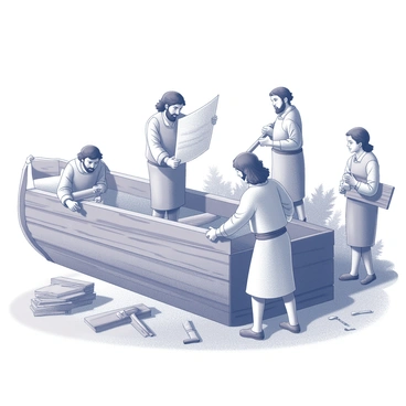 Noah and his three sons are depicted working together on a large wooden structure, the Ark. They are engaged in various tasks, with Noah overseeing the construction while holding a large blueprint or plans. One son is sawing through large wooden beams, another is hammering nails into the framework, and the third is carrying a stack of planks. The dry land is visible around them, with tools scattered on the ground. In the background, there are trees and a clear sky, suggesting a day of hard work and collaboration.