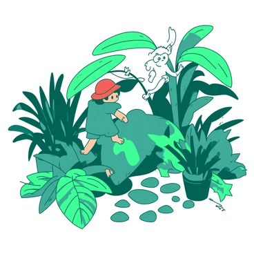 A teal toy explorer wearing a red hat is carefully climbing over a large green leaf in a jungle made entirely of various houseplants. Surrounding the explorer, there are tall, sprawling ferns and small potted succulents. On the ground, a pathway of smooth pebbles leads deeper into the jungle, bordered by vibrant green vines. In the background, a white toy monkey hangs playfully from one of the larger branches of a houseplant, observing the explorer's journey.