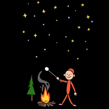 A stickman with simple, thin lines is standing beside a small campfire, roasting marshmallows on a long stick. The flames of the fire are bright orange and yellow, illuminating the stickman's figure. Above him, the night sky is filled with numerous stars, twinkling in various sizes. The stickman has a content expression, and there is a slightly smoky haze rising from the campfire. The surrounding area is dark, with hints of trees in the background, creating a cozy camping atmosphere.